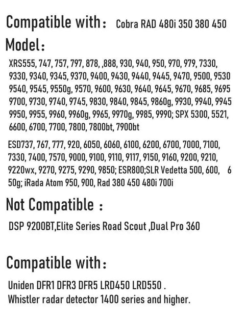 Radar Detector Power Cord compatibility list including Cobra RAD and Uniden models, detailing specific compatible and incompatible models.