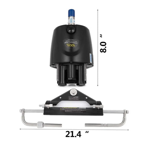 Beefed Up Hydraulic Outboard Steering Kit For Boats 150HP With Built In Two Way Lock Cylinder Includes Pump And Two 20 Ft High Strength Nylon Hoses For Single Station Single Engine Marine System, components displayed