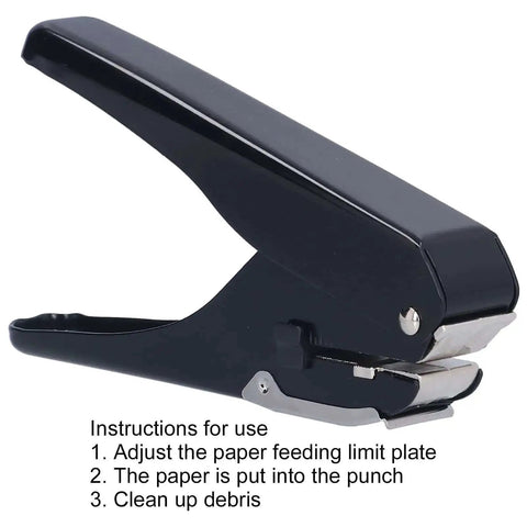 Black metal handheld single hole punch for up to 10 sheets with paper stopper, heavy-duty design for biz cards, plastics, and paper use