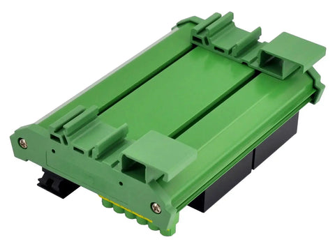 Green Two Channel IoT Relay Outlet Module with Built In 10 Amp Relays, AC 120V Control, DIN Rail Or Screw Mount, ideal for smart home projects.