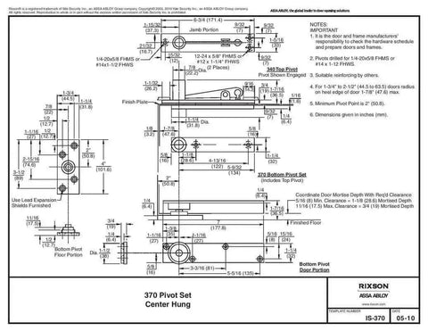 Diagram of Center Hung Pivot Door Hinge Set for Interior or Exterior Doors, Model 370, heavy duty, ANSI A156.4 certified, 500 lb capacity.
