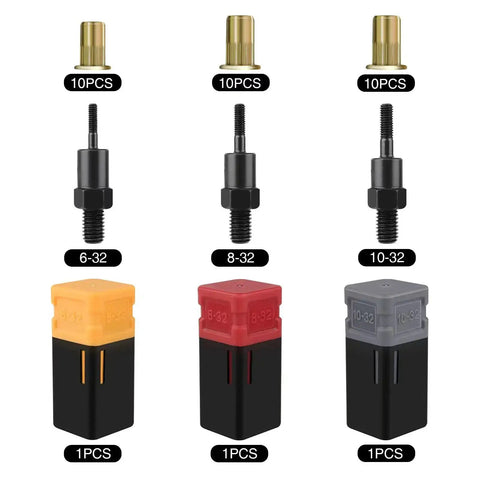 Pro Grade Rivet Nut Mandrels Set With 6-32 8-32 10-32 Mandrels 30 Rivnuts Total Replacement Tips Expanded Mandrels Kit For Nutsert Tool GT607 Carbon Steel Construction showing mandrels and rivnuts