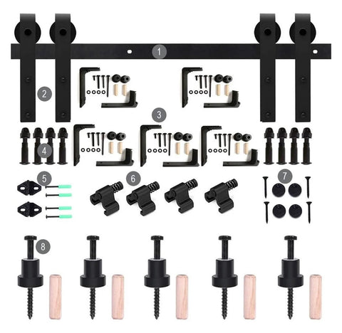 Bypass Sliding Barn Door Hardware Kit For Double Doors With J Shaped Rollers, Quiet Smooth Rail System, complete components view