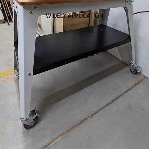 Heavy Duty Swivel Stem Castors with Red PU Wheels installed on a metal cart in a garage setting, non-marking, double locking