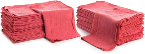 Industrial Grade Cotton Shop Towels 12x14 Inches, 500 Pack Red Reusable Cleaning Rags, stacked and folded, machine washable.