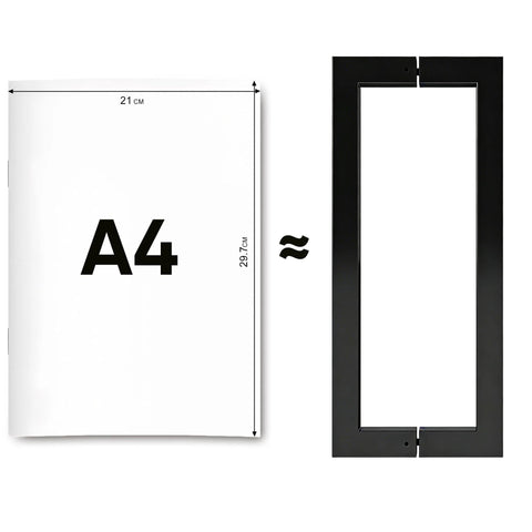 Comparison of A4 paper dimensions next to a rectangular black frame outline.