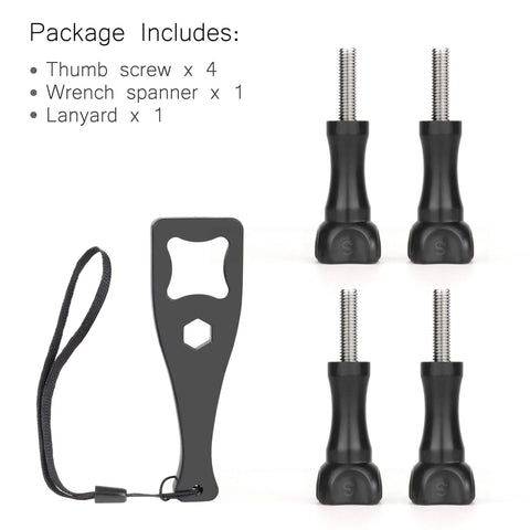 Universal Long Thumb Screw Set For Action Cameras, 4 Pack With Wrench, showing screws, wrench, and lanyard in package