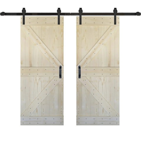 Unfinished Solid Wood Double Sliding Barn Door Kit With Hardware Set Two Panels Measuring 76 Inches High By 84 Inches Wide DIY Ready