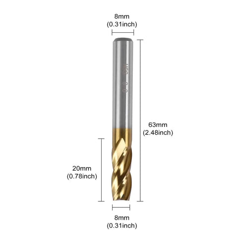 Two Pack Four Flute Titanium Coated Carbide End Mills For Wood And Aluminum Five Sixteenth Inch Eight Millimeter Shank CNC Straight End Mill Cutter Bits Set For Milling High Precision And Fast Material Removal, 8mm shank.