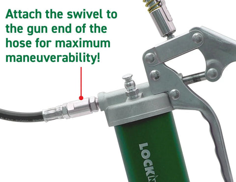 LockNLube LNL231 1/8 in NPT inline grease hose swivel on a grease gun with metal fitting and green handle