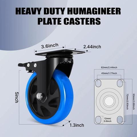 Heavy Duty 5 Inch Caster Wheel Set Of 4 With Brakes For Cart Workbench And Furniture, Humagineer Heavy Duty Casters with dimensions