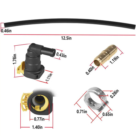 Ford F Series 6.7L Diesel Fuel Filter Tank Supply Line Connector Repair Kit 2011 2022 parts with measurements