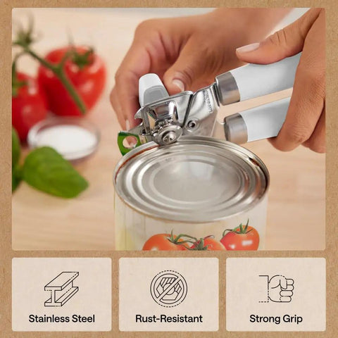 Close-up of Heavy Duty Stainless Steel Can Opener With Smooth Edge And Bottle Openers Soft Comfortable Handle in use on a can.