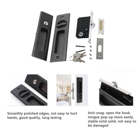 6.3 Inch Privacy Pocket Door Lock Hardware With Key For Double Barn Doors Matte Black Zinc Alloy Construction Silent Lock Body Anti Rust Finish Built To Last And No Fuss To Install shown disassembled with components visible