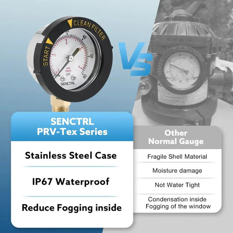 Heavy Duty 0 To 60 Psi Pool Filter Pressure Gauge With 2 Inch Dial And One Quarter Inch NPT Lower Mount Stainless Steel Case IP67 Waterproof Clean Filter Indicator For Swimming Pool Spa Aquarium Water Pump And Pressure Test SENCTRL