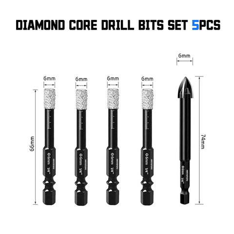 Heavy Duty Pro Grade Dry Diamond Core Drill Bits Set 5 Piece With One Quarter Inch Hex Shank Vacuum Brazed for hard surfaces