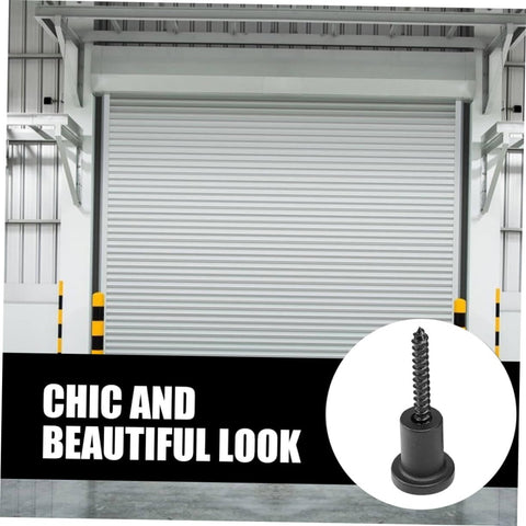Industrial garage door with a close-up of a black screw stopper, highlighting the Barn Door Track Connector Accessory With Easy Install DIY Friendly Includes Pipe Clamp And Screws Carbon Steel Sliding Door Stopper Kit Sturdy Hardware For Replacing Or Upgrading Your Barn Door System.