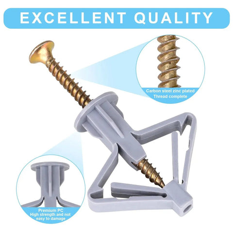 Hollow Wall Anchors And Screws Kit With 50 Butterfly Expansion Plugs And 50 Screws Self Drilling Drywall Anchors displayed with close-ups.