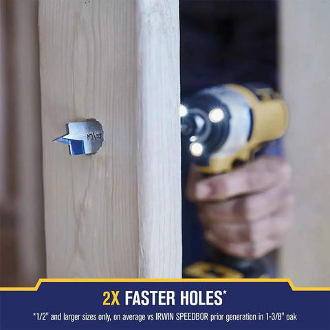 Person using Speedbor Spade Wood Drill Bit Three Quarter Inch By Four Inch with chamfered edges on wooden plank
