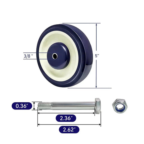 5 Inch Polyurethane Shopping Cart Wheels Four Pack With Stepped And Full Tread Face And Double Ball Bearing Heavy Duty 1400 Lb Capacity Replacement Carts For Grocery Stores And Restaurants Smooth Rolling Durable Construction, side view with bolt and nut dimensions.
