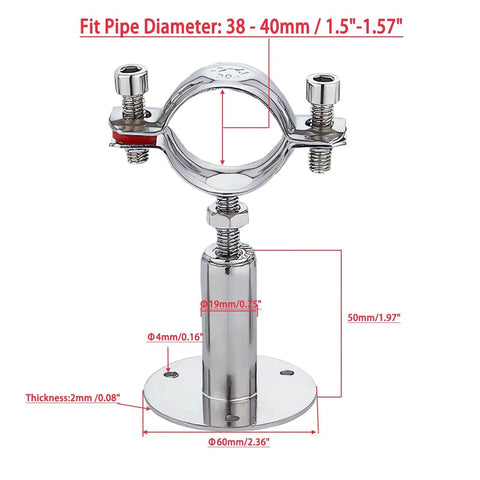 2 Pack Wall and Ceiling Pipe Mount Clamps 304 Stainless Steel Rubber Cushioned and Rust Resistant shown with size measurements