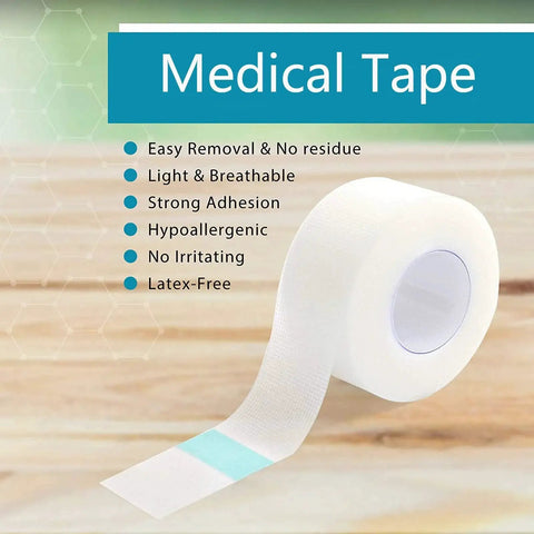 Medical tape from Complete 77 Piece First Aid Kit Refill Supplies Pack For Home Office Travel And Outdoors on a wooden surface
