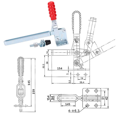 Beefy Vertical Toggle Clamp With Lengthened Arm, Rock Solid High Strength Metal Fastening Fixture For Industrial Workholding And Special Clamping Applications, Bright Finish with technical diagram and extended arm