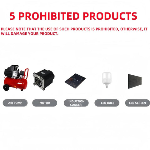 Warning about prohibited products: air pump, motor, induction cooker, LED bulb, LED screen. Not for Heavy Duty AC Variable Speed Controller use.