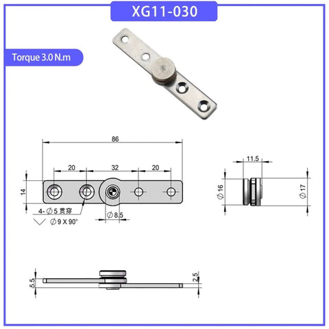 Isometric view: stainless steel damping torque hinge with mounting plate and four screw holes; 3.0 N·m torque (XG11-030).