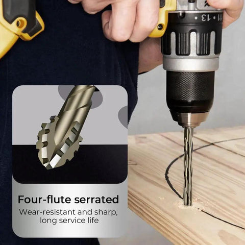 Six Piece Four Flute Sawtooth Eccentric Twist Drill Bit Set for Concrete Masonry shown drilling into wood, close-up of bit and drill.