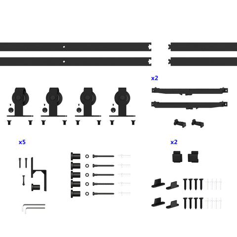 Bypass Glass Barn Door Kit With Double 6-Foot Hardware components shown, including black carbon steel frame, rails, and guides.