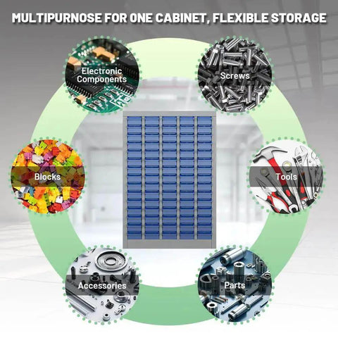 Heavy Duty 75 Drawer Parts Cabinet For Tools And Hardware Steel Storage With Adjustable ABS Drawers And Label Tabs Versatile Garage Organization For Bolts Nuts Screws And Small Parts surrounded by images of tools and hardware items