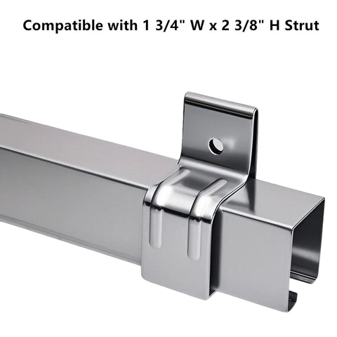 Close-up of a Beefy Heavy Duty Box Rail Hanger Bracket For Barn Doors in silver finish installed on strut.