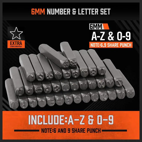 6mm A-Z and 0-9 metal stamp set with star symbol for jewelry and DIY projects, featuring space-saving layout for easy use.