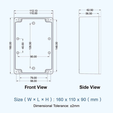 Technical drawing of Weatherproof Electrical Junction Box With Clear Cover IP65 Waterproof ABS Plastic Case, dimensions 160x110x90mm