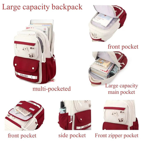 Large capacity multi-pocketed backpack with side, front, zipper pockets and spacious main section. Image shows various compartments.