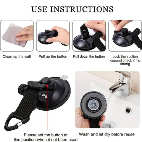 Universal Car Suction Cup Anchor With Securing Hook Reusable Heavy Duty Tie Down shown with cleaning and usage instructions.