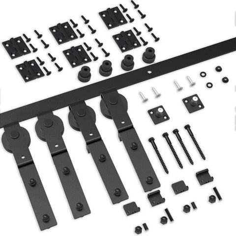 Heavy Duty Bi Folding Barn Door Hardware Kit For Double Doors with matte black sliding track and J type pulleys