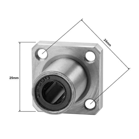 Front view of Square Flange Linear Ball Bearing LMK8UU 8mm Bore, 15mm Outer Diameter, 24mm Length, sealed bearing in chrome steel.