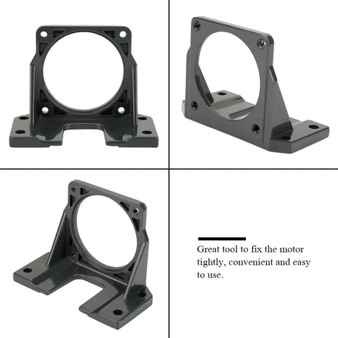 Rugged Black Motor Mount Bracket for 40W to 120W DC motors and mini stepper motors with fixed base, front, and side views