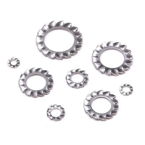 Assorted 304 stainless steel external-tooth star lock washers in sizes M2.5-M12 (kit).