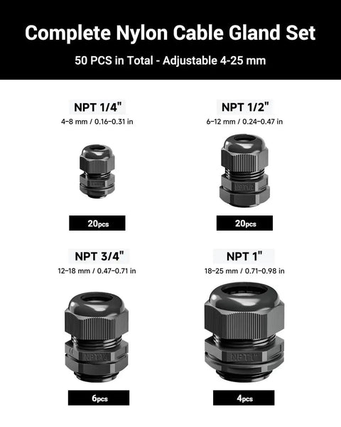 Multi Size Nylon Waterproof Cable Gland Kit With IP68 Cord Grips, 50 Piece Set for Electrical Panels and Lighting Setups