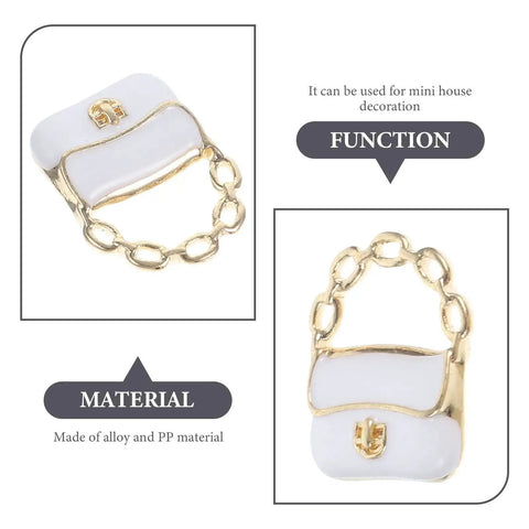 Three Pack Mini Handbag Set For Dollhouse Decor And DIY Jewelry Charms, lightweight alloy and PP tiny purse with chain, white finish