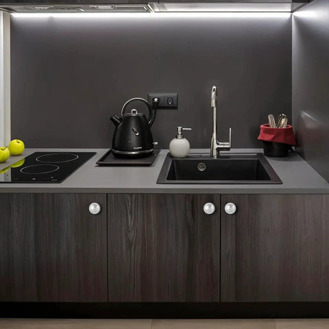 Modern kitchen with Four Pack Stick On Self Adhesive Cabinet Knobs Silver Stainless Steel Drawer Pulls on dark wood cabinets.