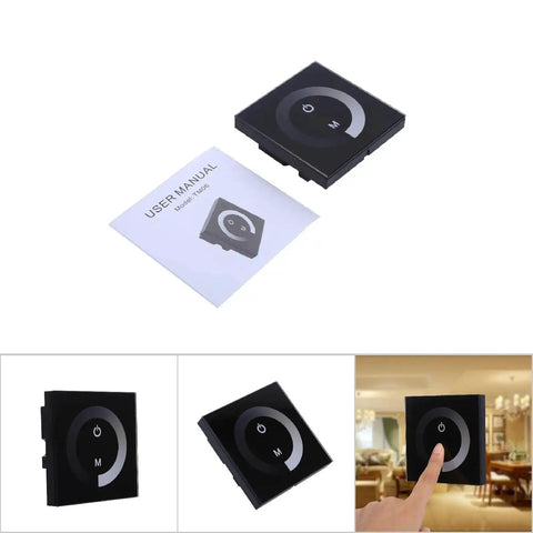 Wall Mounted Touch Panel Dimmer for 12V-24V Single Color LED Light Strips Easy Brightness Control With Smooth Glass Touch Panel Black Finish Energy Saving Home Lighting Controller For Mood Lighting