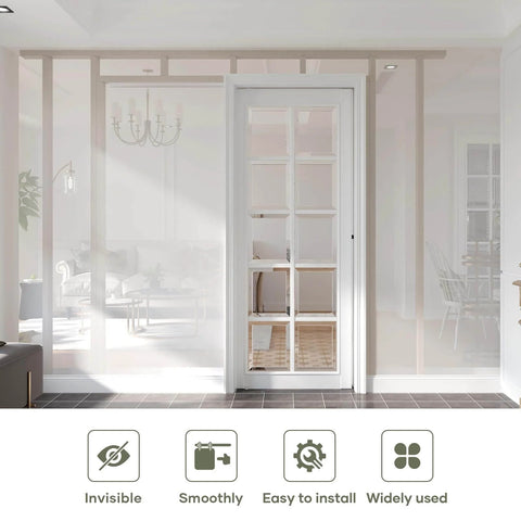 Six Foot Sliding Pocket Door Hardware Kit With Aluminum Box Rail Track Commercial Grade Easy Install Quiet Smooth Sliding For Twenty Four To Thirty Six Inch Wide Single Doors No Door Included Sixty Eight Point Seven Five Inch Track installed showing door in living room setting.
