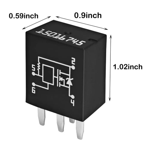 4-Pin Headlight Relay For GM Vehicles, High-Performance Multi-Purpose Relay showing dimensions and circuit diagram