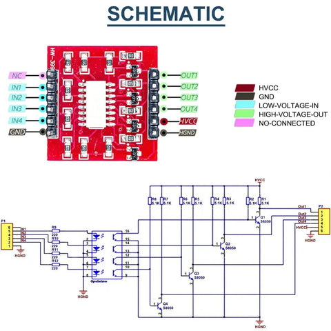Schematic of Five-Piece Four-Channel Optocoupler Isolation Module with TLP281 ICs for Arduino, detailing connections and outputs.