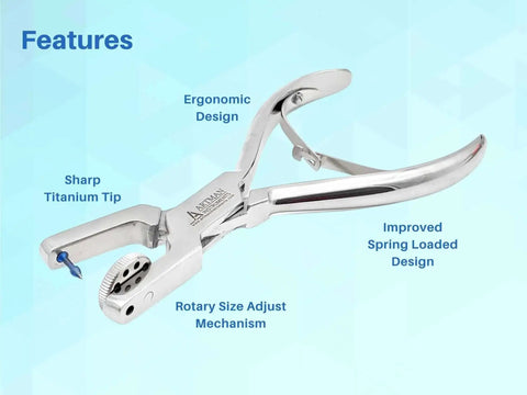 Titanium Tip Rotary Leather Punch Tool with Adjustable Hole Sizes 0.8Mm 1.0Mm 1.2Mm 1.5Mm and 2Mm featuring ergonomic design.