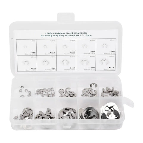120 Piece External E Clip Circlip Retaining Ring Set Stainless Steel For Quick Fixes And DIY Projects One Point Five Mm To Ten Mm Range With Rustproof Burr Free Design For Indoor And Outdoor Use